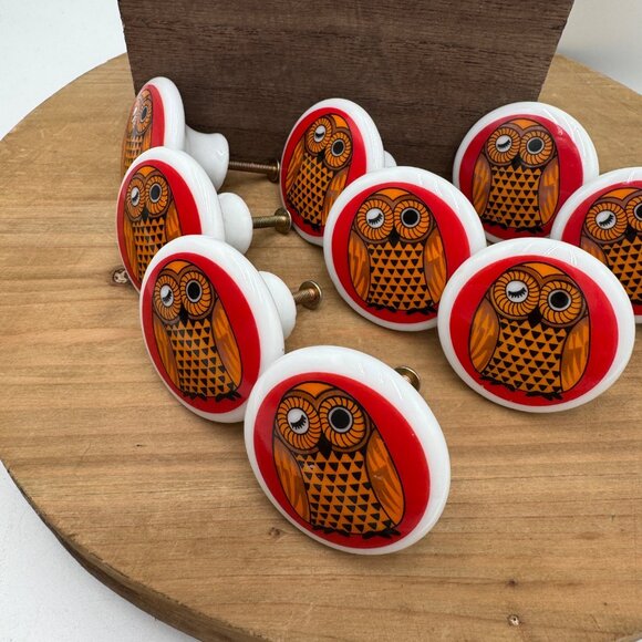 Owl vintage draw pulls knobs porcelain ceramic red orange black set of 13 made i - Picture 4 of 13